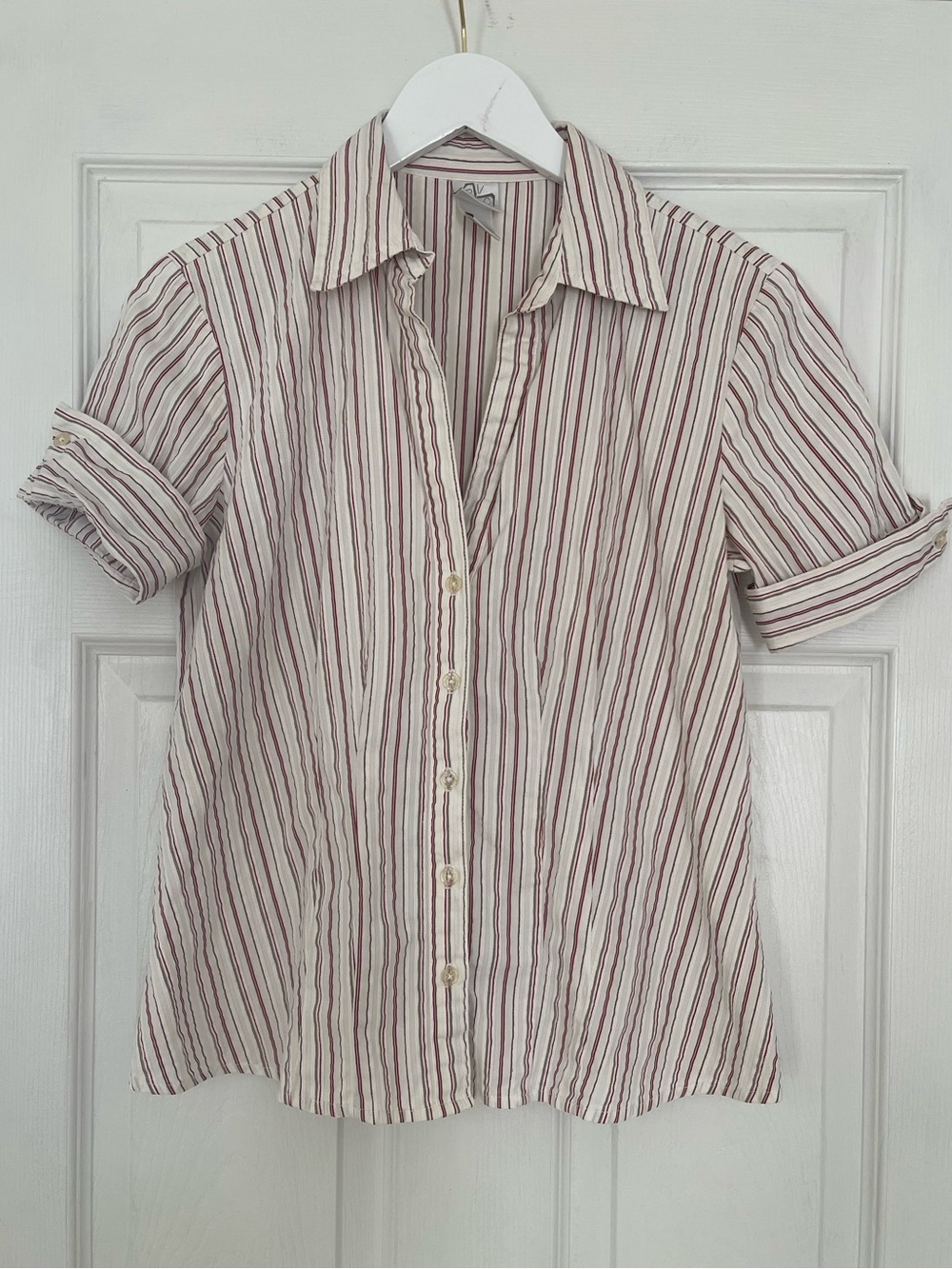 Vintage Y2K Women's Cream preppy Striped Button-Front Shirt small cotton